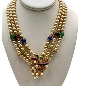 Pino Lancetti of Italy Vintage Faux‎ Pearl Multicolor Beads Rhinestone Necklace